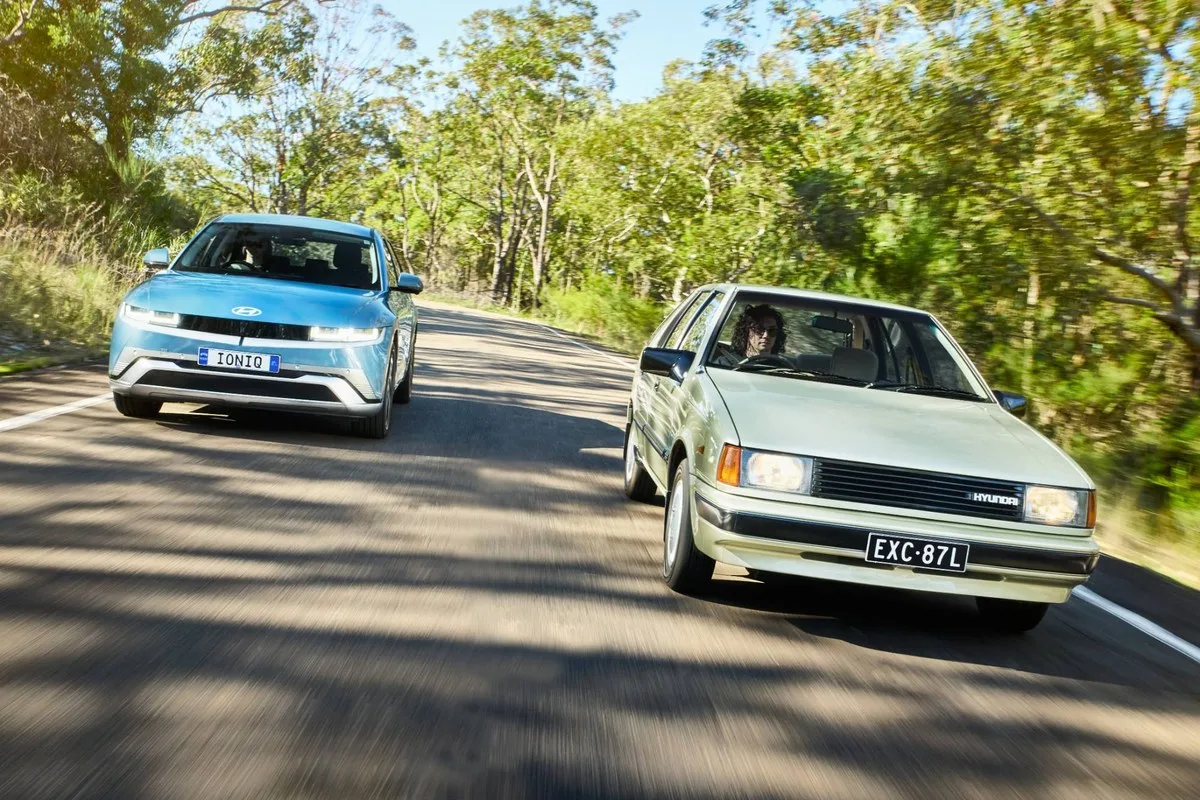 Hyundai Australia 40 years, IONIQ 5 and Excel on a country road