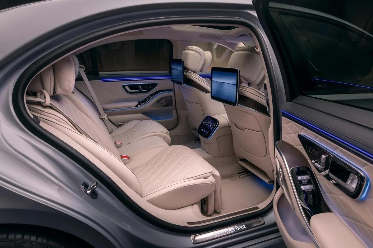 2026 Mercedes-Benz S-Class rear seats with the MBUX High-End Rear Seat Entertainment screens