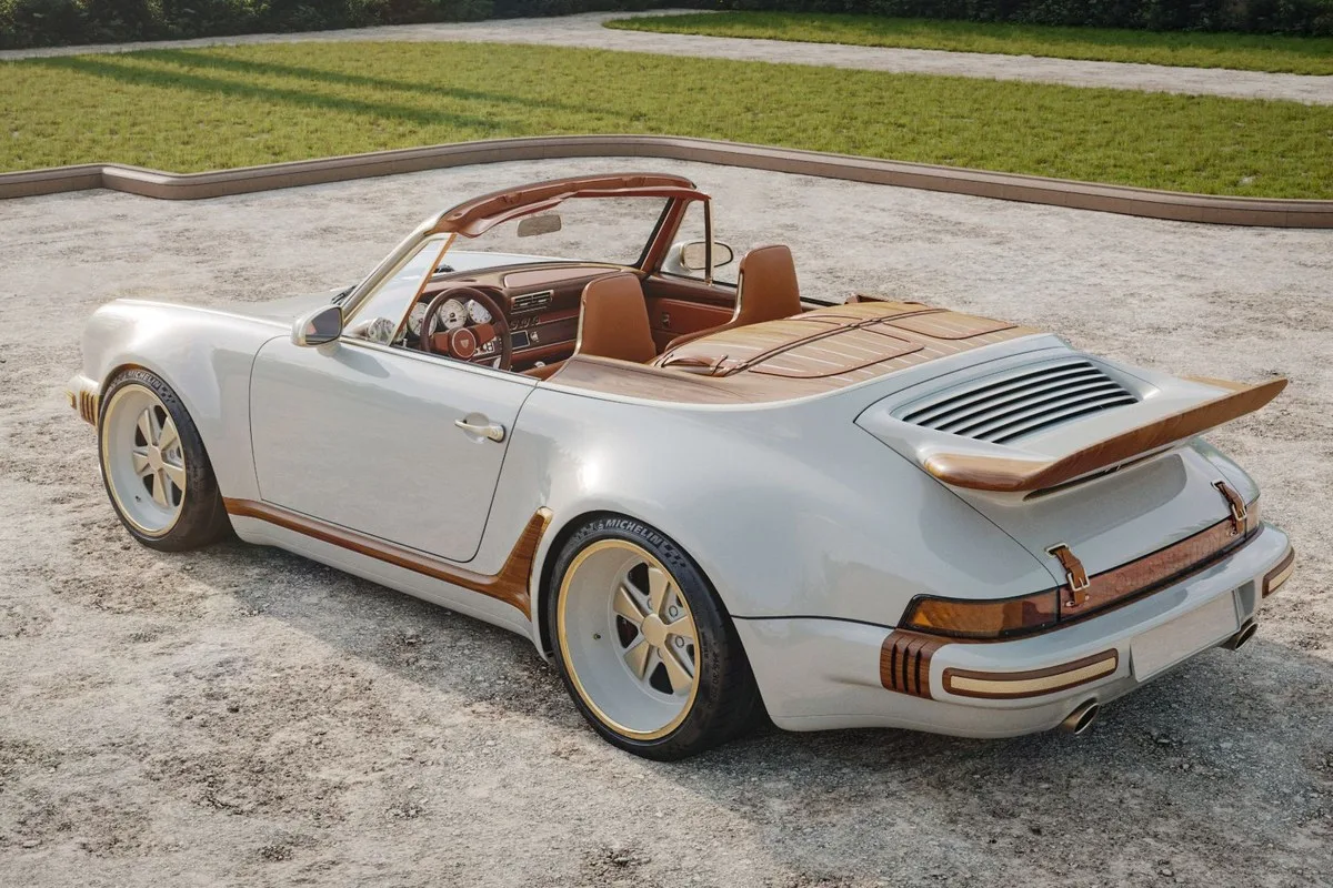 White Porsche 911 Reimagined by Singer Classic Turbo cabriolet, rear three-quarter view