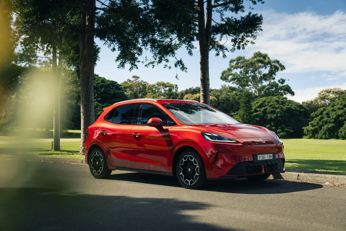 Red MG4 EV Urban electric hatch, front three-quarter view