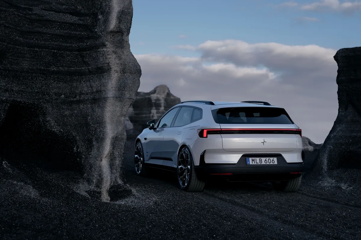 Polestar 4 SUV rear on a rocky outcrop 