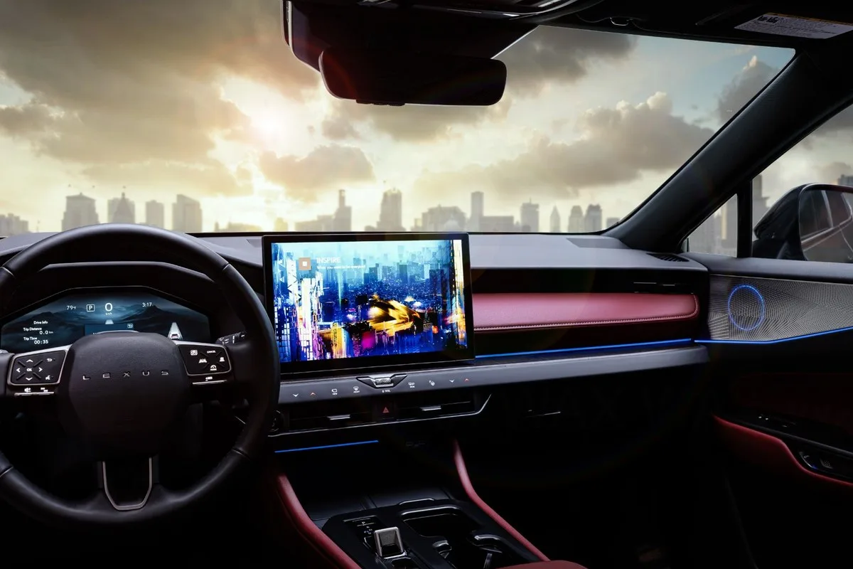 Dashboard and centre screen of the 2027 Lexus NX with red leather trim