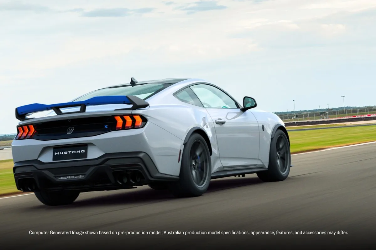 Ford Mustang Dark Horse T8-Spec pack rear three-quarter showing the rear wing