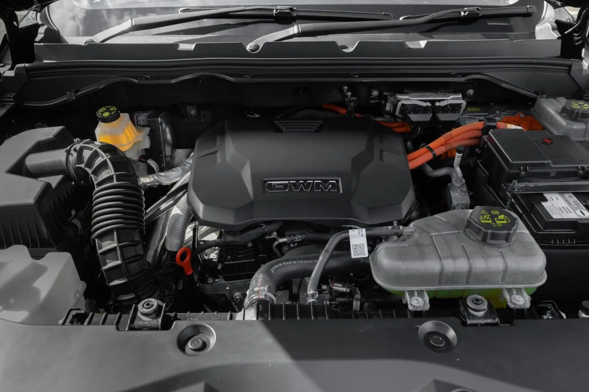 GWM Cannon Hi4-T 2.0-litre turbo-petrol engine bay with orange high-voltage cabling