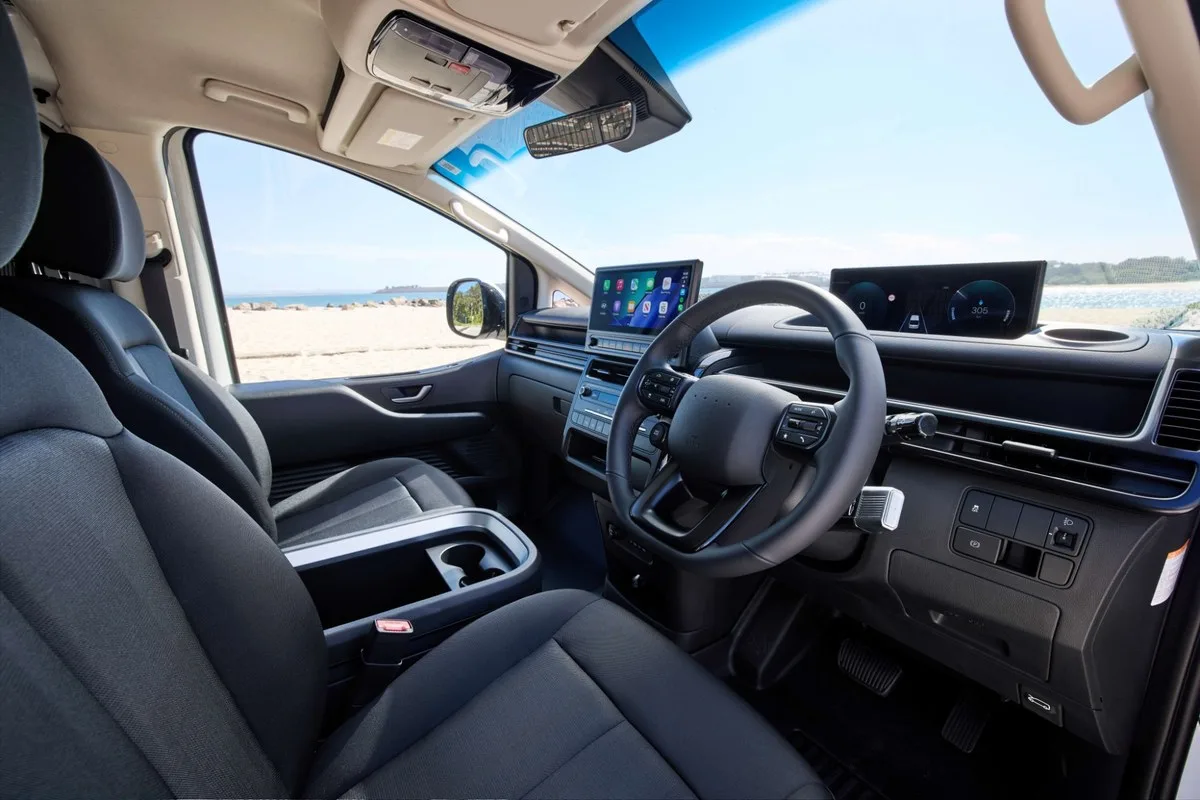 Two-seat cabin of the Hyundai Staria Load Electric with twin 12.3-inch screens