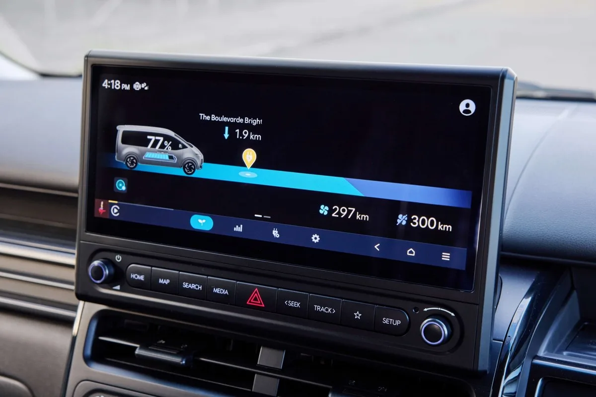 12.3-inch multimedia screen in the Hyundai Staria Load Electric showing battery charge and range