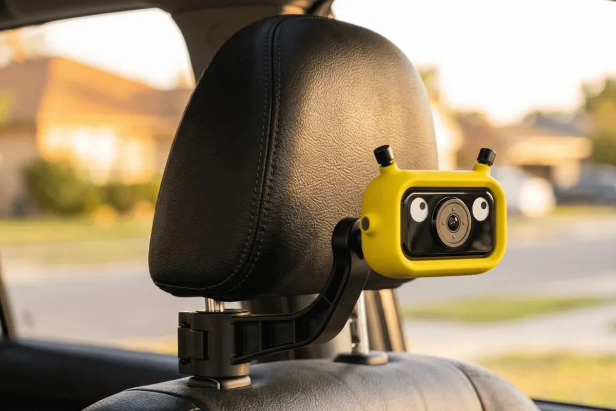 Yellow Lamtto RC38 baby camera with cartoon eyes mounted on a car headrest
