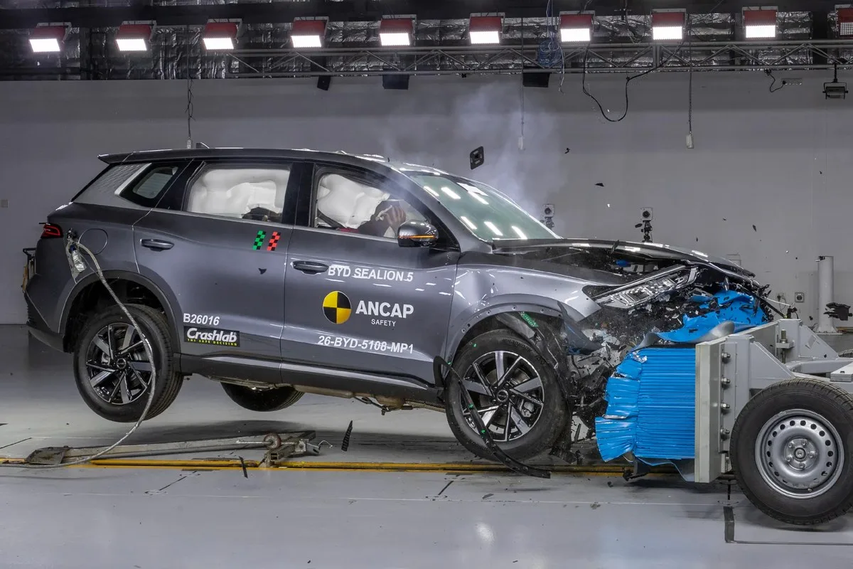 Grey BYD Sealion 5 in the ANCAP moving barrier frontal crash test