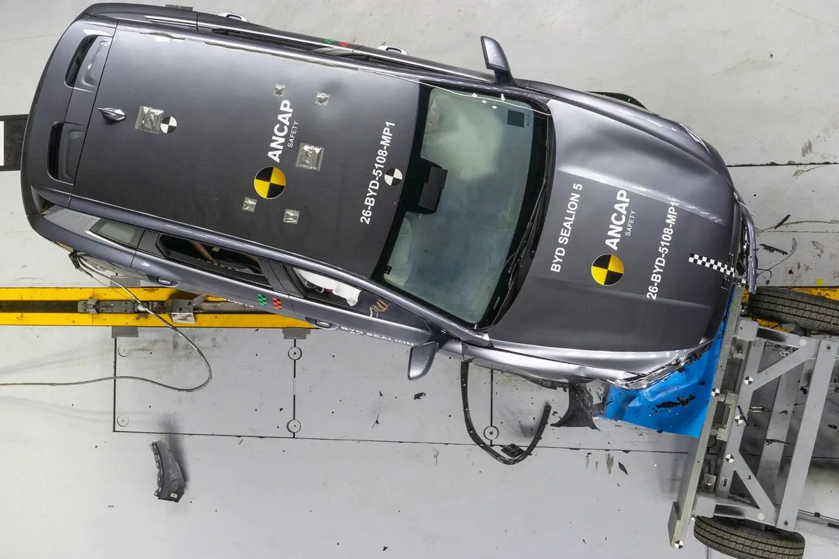 Overhead view of the grey BYD Sealion 5 after the ANCAP frontal test