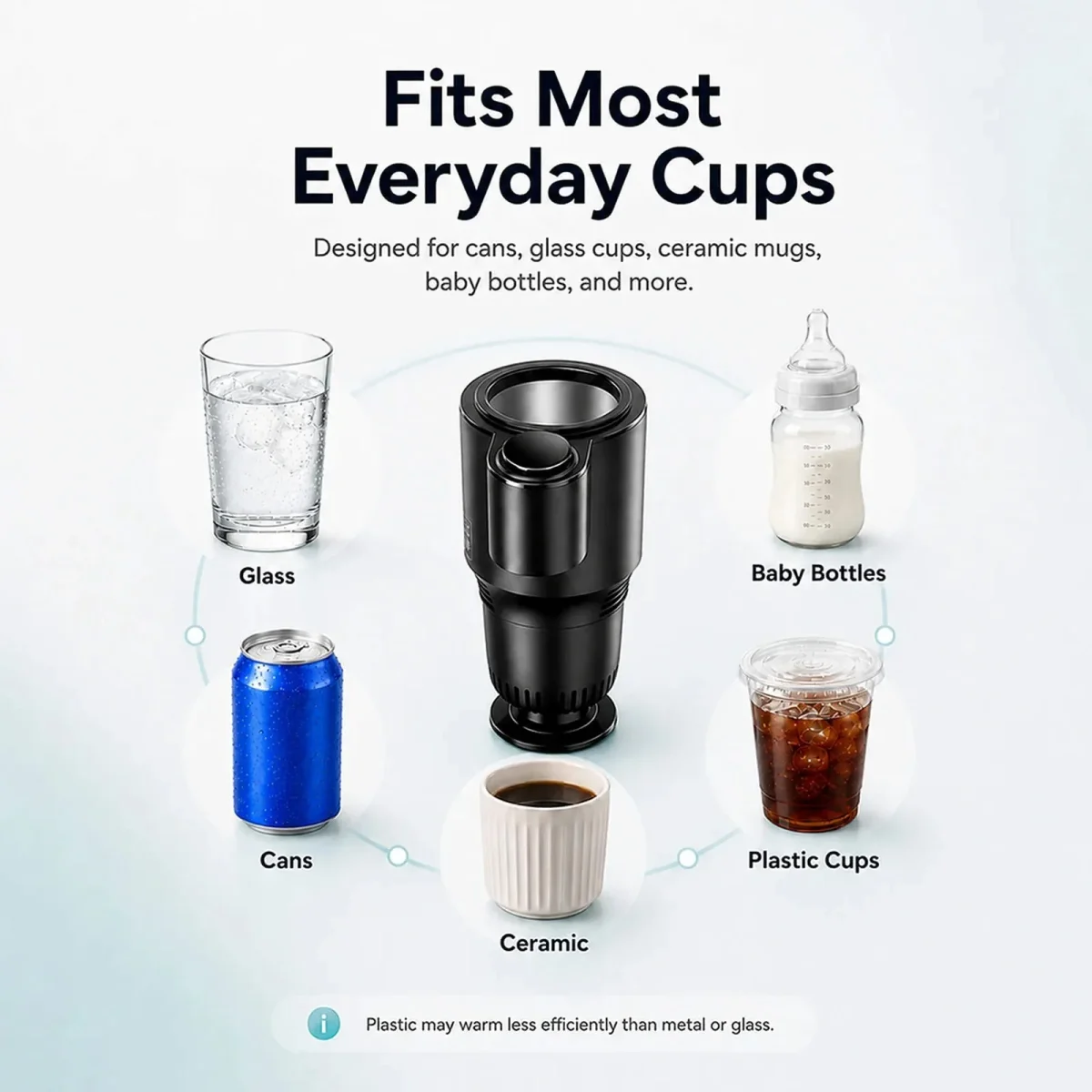 Glass, can, ceramic mug, baby bottle and plastic cup shown with the cooler