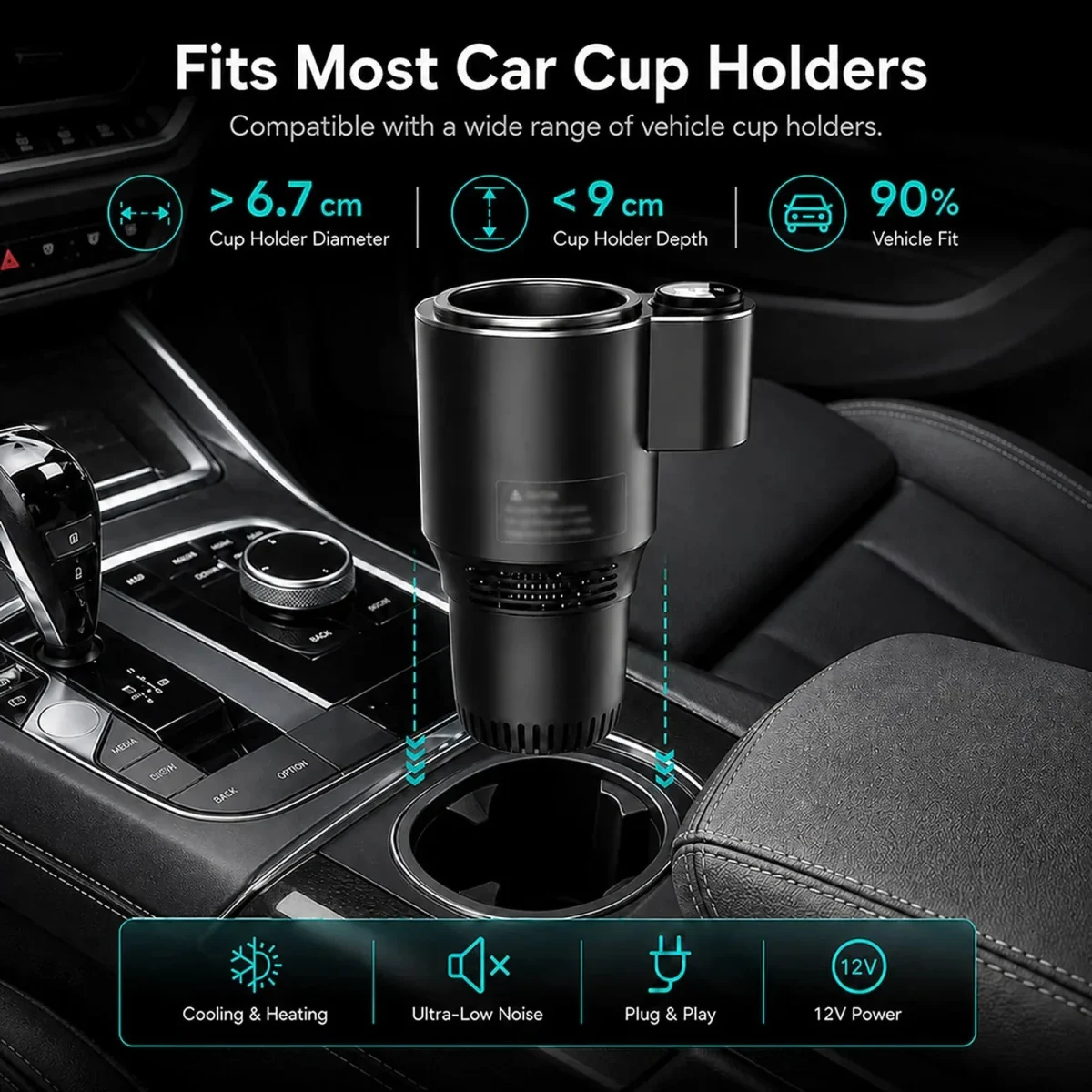 The cooler sitting in a car cup holder with fitment dimensions