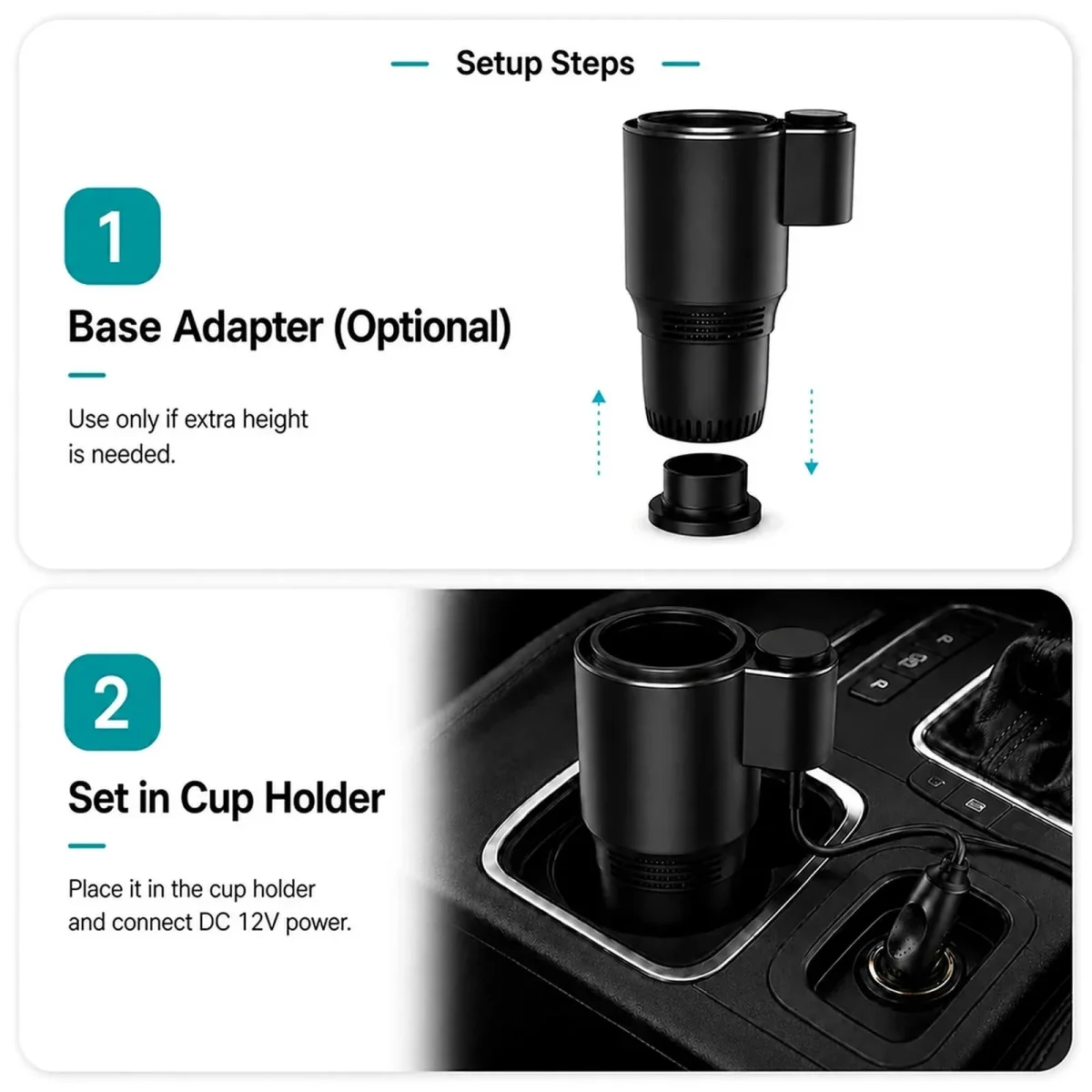 Base adapter and the unit placed in a car cup holder