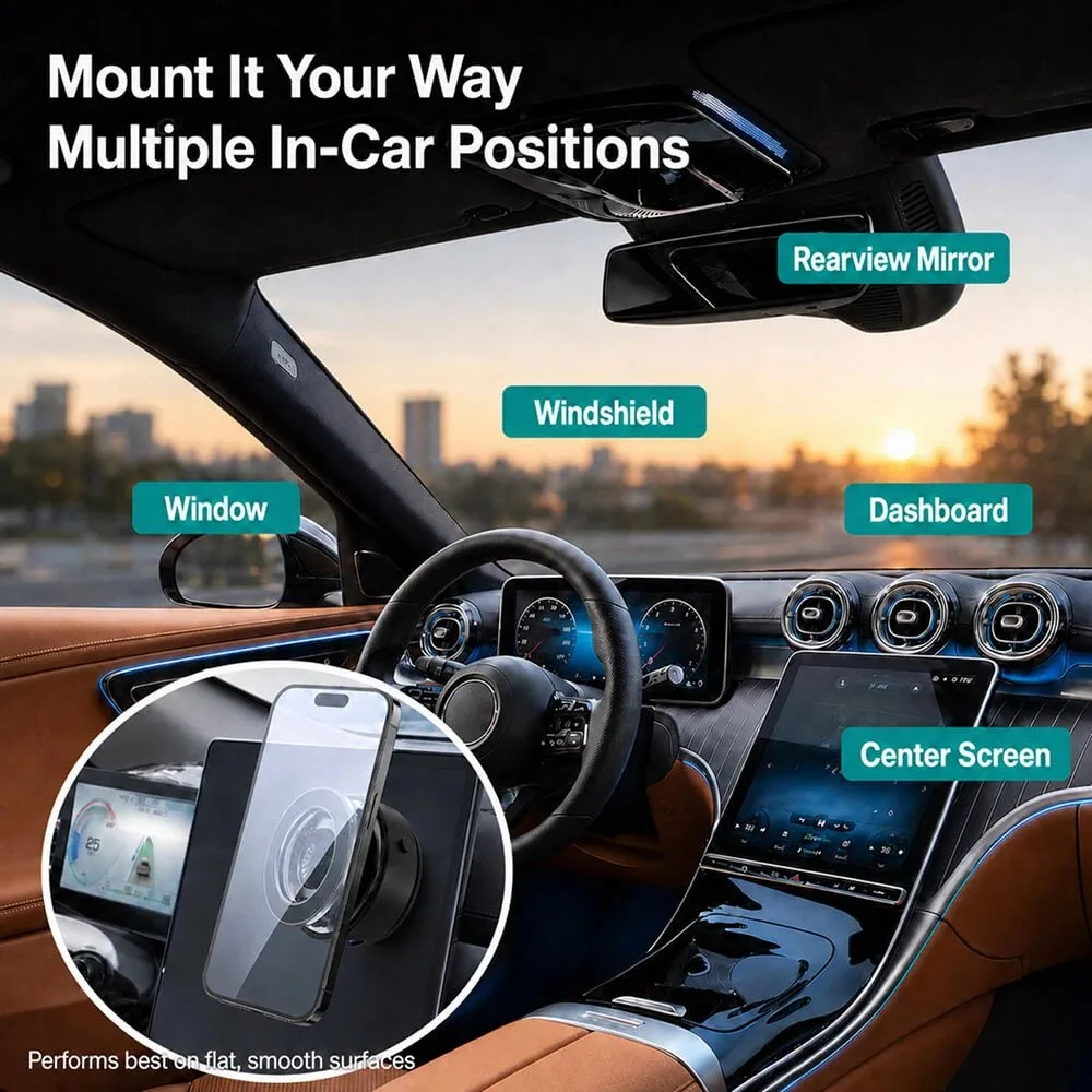 Car interior showing MCM11 Flex mounting spots on window, windscreen, mirror, dashboard and centre screen