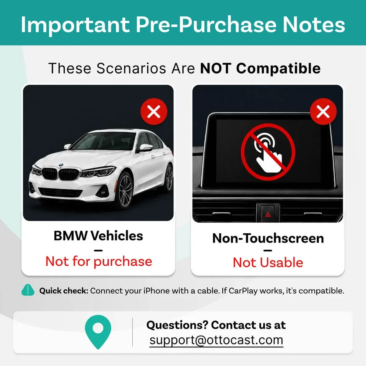 Ottocast compatibility notice showing BMW and non-touchscreen cars are not supported