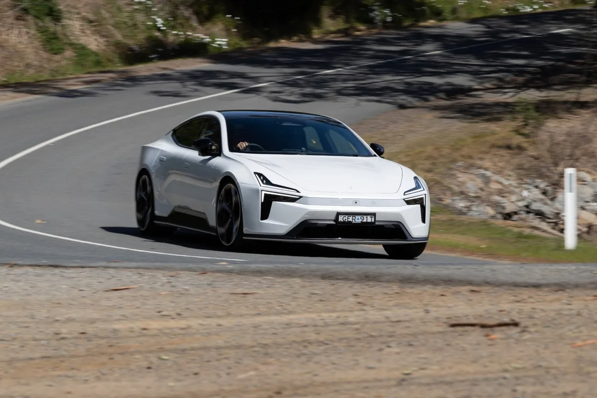 White Polestar 5 Performance cornering on a Tasmanian back road