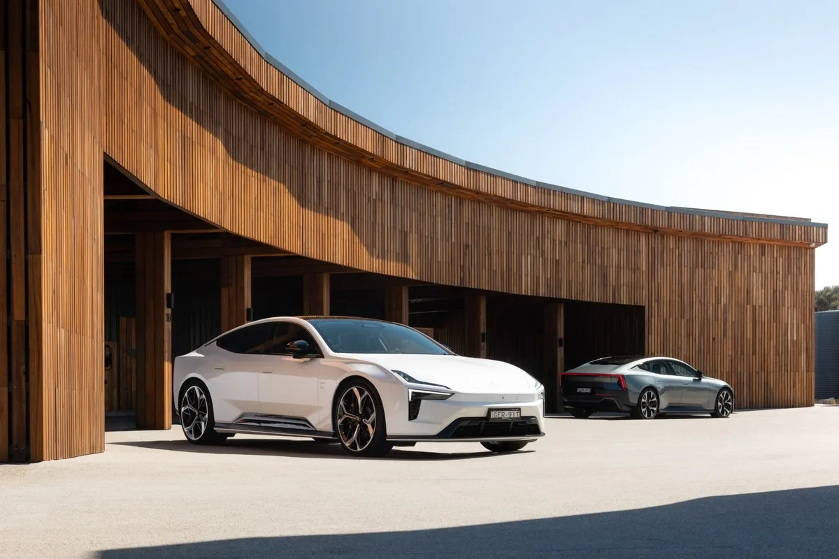 Two Polestar 5 Performance cars at the Sea Stacks garages