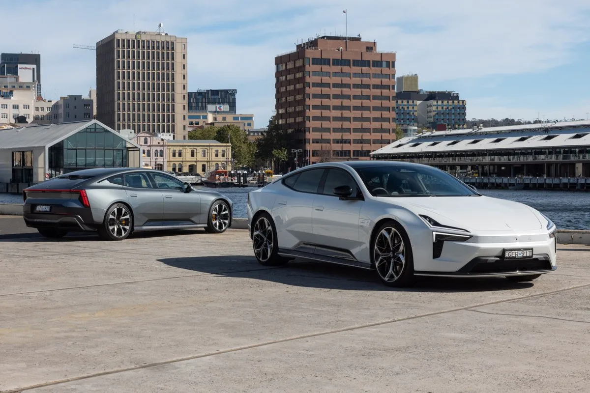 Two Polestar 5 Performance cars on the Hobart waterfront