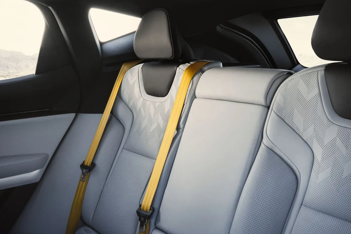 2027 Polestar 3 light grey rear seats with yellow seatbelts