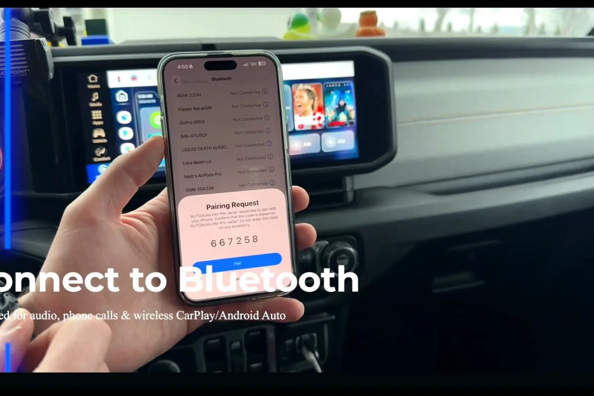 iPhone showing a Bluetooth pairing request from AutoLinkr Pro