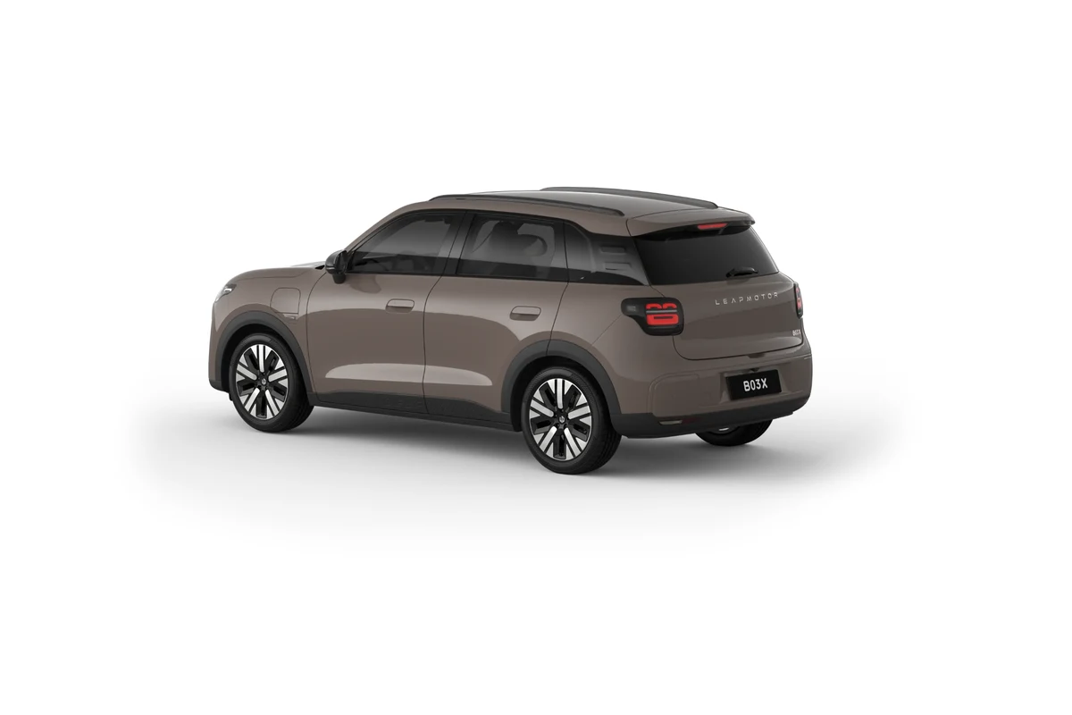 Leapmotor B03X rear three-quarter view in brown on a white background