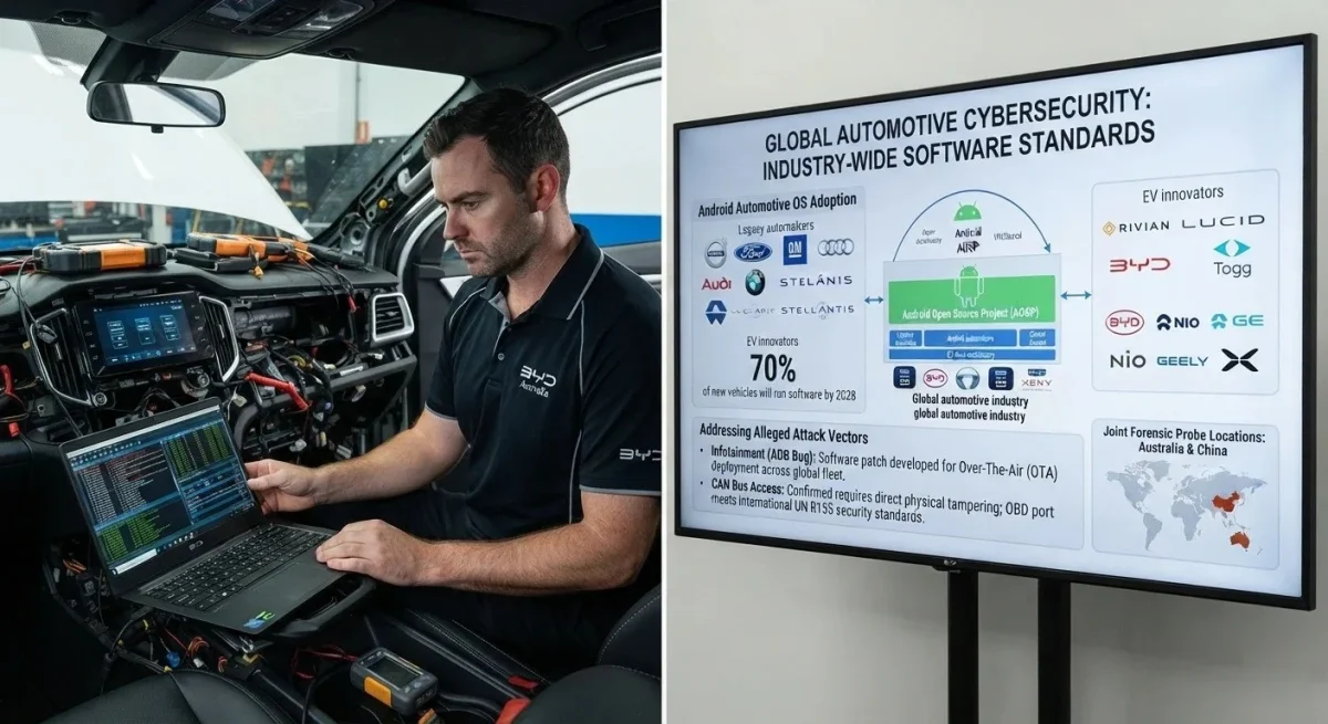 A BYD technician with a laptop wired into a ute dashboard, beside a screen on automotive cybersecurity