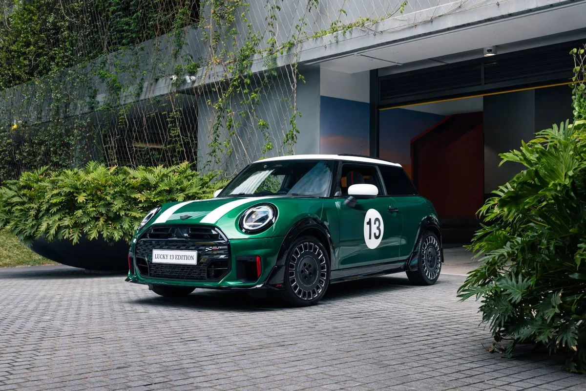 Green MINI Lucky 13 Edition with white roof, bonnet stripes and number 13 decal